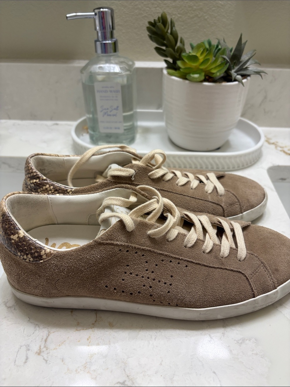 Sam Edelman Taupe Suede Lace-Up Sneakers with Snakeskin Heel